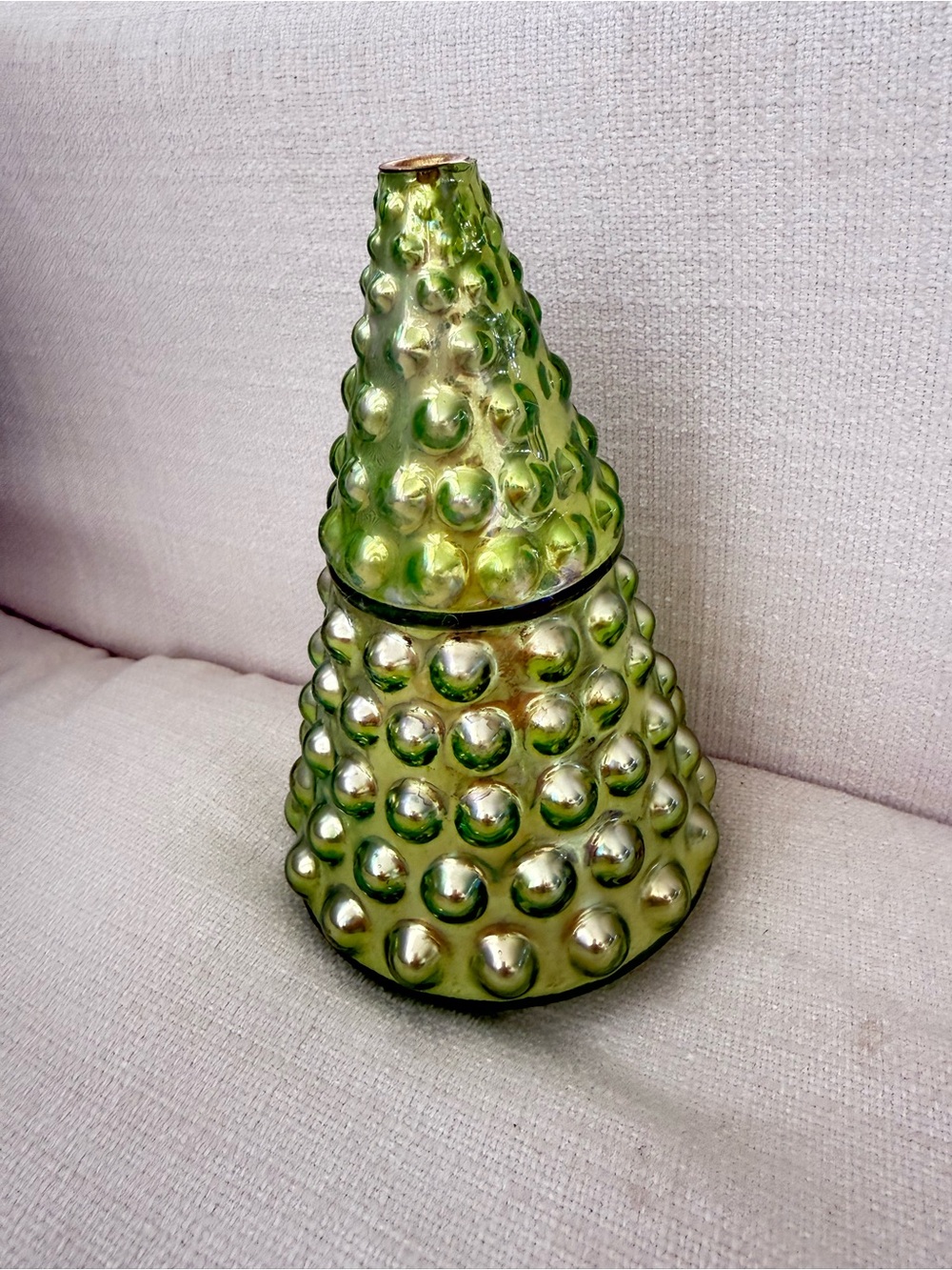 Anthropologie Green Iridescent Hobnail Glass Christmas Tree candle